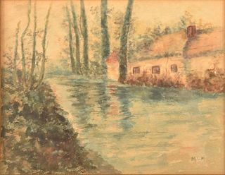 Cottage and Stream Watercolor Painting.