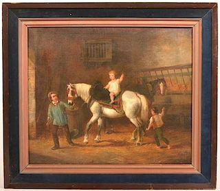 Oil Painting Depicting an Interior Stable Scene.