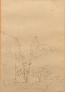 Pencil Drawing of a Street Scene with Cathedral.