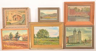 Six J. Cashore Oil Paintings of Buildings.