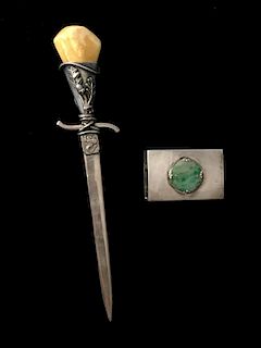 CHINESE AMBER AND SILVER LETTER OPENER EXPORT AND JADEITE MOUNTED SILVER MATCH BOX.  MARKED. 19TH