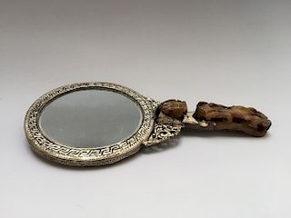 A CHINESE ANTIQUE MIRROR WITH JADE CARVING