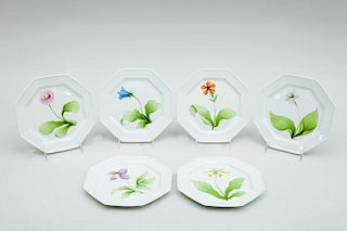 Group of Six Coquet Hand-Painted Floral-Decorated Plates