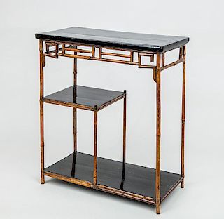 Japanese Black Lacquer and Bamboo Table-Top Shelf