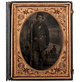 Two Tintypes of Civil War Soldier, One Showing Name on Rifle Strap 