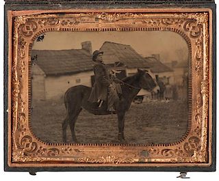 Half Plate Tintype of Disabled Man, Possibly Soldier, on Mule 