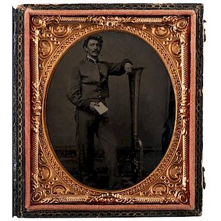 Sixth Plate Tintype of Army Bandsman Posed with his Instrument 