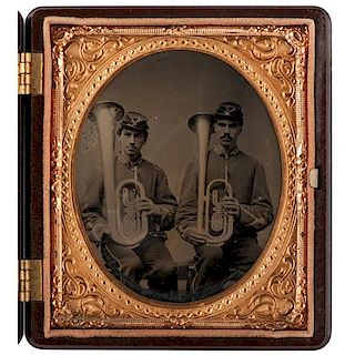 Sixth Plate Tintype of Two Army Bandmen with Instruments 
