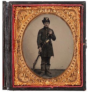Sixth Plate Tintype of Infantryman Sergeant with Musket and Bayonet 