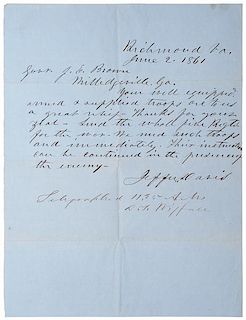 Jefferson Davis, Written and Signed Telegraph Calling for Troops to Defend the South, June 1861 