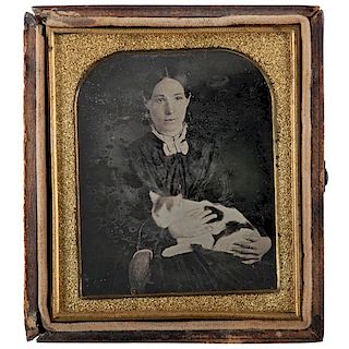 Sixth Plate Daguerreotype of Woman with Cat on her Lap 
