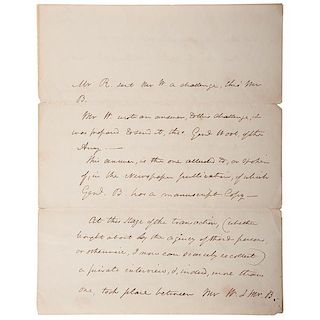Extremely Rare Anonymous Letter Concerning Senator John Randolph Challenging Senator Daniel Webster to a Duel 