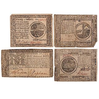 Colonial and Continental Currency, Four Notes, 1770, 1776, 1778 