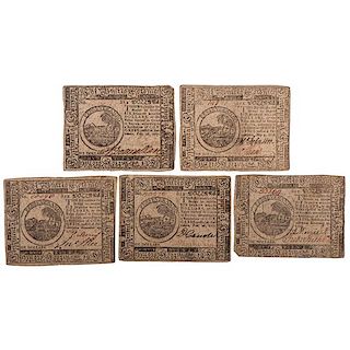 Continental Currency, Group of $6 Notes, 1775, 1776 and 1777 