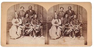 Stereoview of Indian Trader and Interpreter Julius Meyer and Sioux Chiefs, Incl. Sitting Bull, Swift Bear, Spotted Tail and Red Cloud 