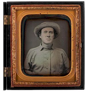 Sixth Plate Occupational Daguerreotype of Man Wearing Panama Hat, Possibly a Gold Miner 