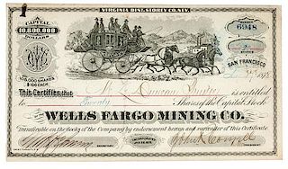 Rare Wells Fargo Mining Company Stock Certificate, Virginia, 1878 