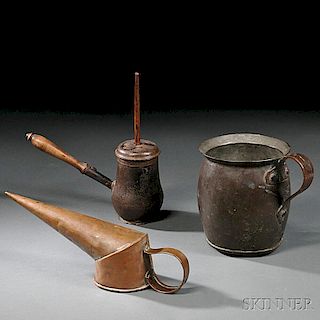 Handled Copper Jug,  Iron Honey Pot, and Copper Ale Shoe