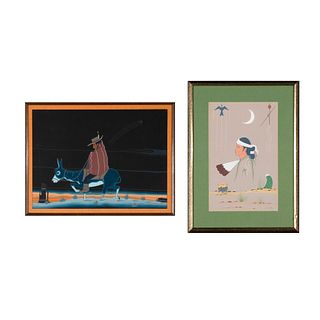 Robert Chee [Hashke-Yil-e-Cale], A Pair of Untitled Paintings (Burro Rider + Portrait)