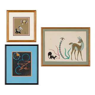 Group of Three Paintings: Skunk, 1955 + Deer and Skunk, 1950 + Roadrunner