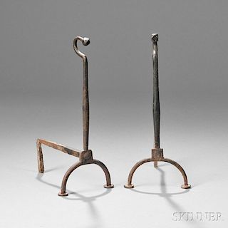 Pair of Small Wrought Iron Gooseneck Andirons, (167)