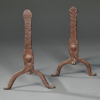 Pair of Small Cast Iron Andirons with Tree Decoration, (169)