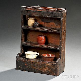 Miniature Hutch Cupboard with Five Pieces of Miniature Pottery