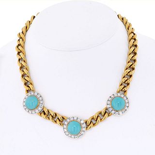 18K Yellow Gold Three Station Turquoise And Diamond Necklace 