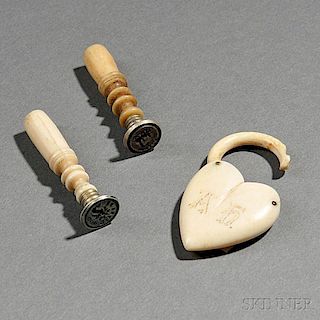 Two Small Turned Whalebone and Brass Seals and Carved Heart-shaped Locket