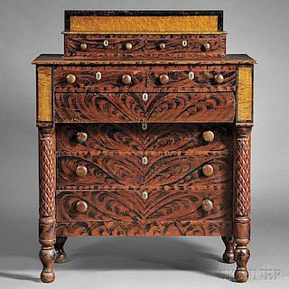 Classical Carved and Paint-decorated Pine and Bird's-eye Maple Bureau
