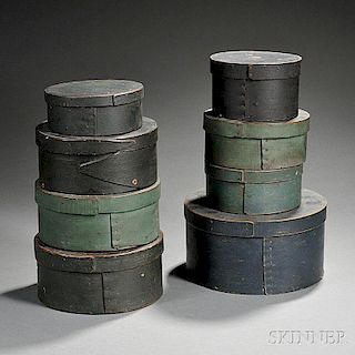 Eight Round Blue- or Green-painted Bentwood Pantry Boxes