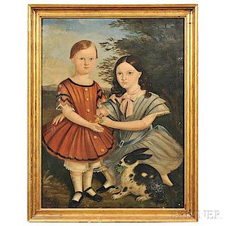 American School, 19th Century      Portrait of Two Children with Their Pet Rabbit.