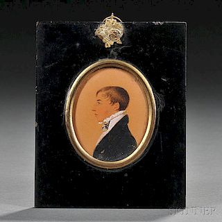 American School, Early 19th Century,      Miniature Profile Portrait of a Brown-haired Young Man.