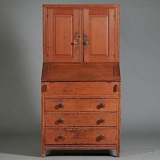 Red-stained Pine Carved Desk Bookcase