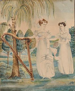American School, Early 19th Century      Two Women with a Harp.