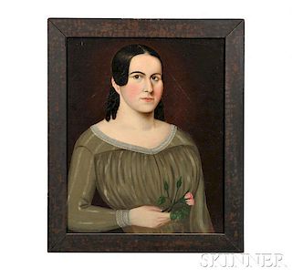 American School, Early 19th Century      Portrait of a Woman in a Green Dress Holding a Pink Flower.