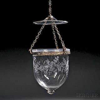 Blown Wheel-etched Colorless Glass and Brass Hall Candle Lantern