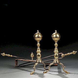 Pair of Brass and Iron Belted Ball-top Andirons and Two Matching Tools