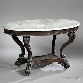 Classical Carved Mahogany and Mahogany Veneer Marble-top Center Table