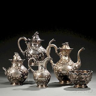 Five-piece Coin Silver Repousse Tea and Coffee Service