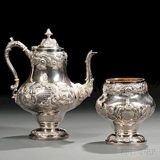 Coin Silver Repousse Coffeepot and Open Sugar