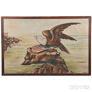 American School, Early 20th Century      Patriotic Landscape with an Eagle and Union Shield Perched on a Rocky Shore.