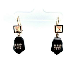 14k Rose Gold Victorian Black Onyx and Pearl Drop Earrings 