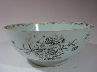 ANTIQUE Chinese Grisaille Flower Punch Bowl, 18th C. 12 1/2"