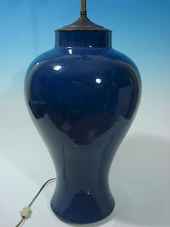 ANTIQUE Chinese Monochrome Blue Meiping Vase as lamp, Qing