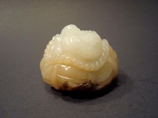 ANTIQUE Chinese White Jade Birds in nest with eggs, 19th C. 2" x 2" Wide