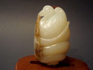 ANTIQUE Chinese White Jade Duck in Shell nest with flowers, 19th C. 3" long
