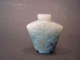 ANTIQUE Chinese celadon white Snuff Bottle with carvings, 2 1/4" high