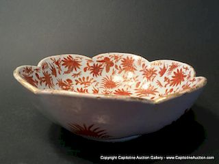 ANTIQUE Chinese Orange Sacred Birds Scalloped Bowl, Ca 1810