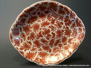 ANTIQUE Chinese Orange Sacred Birds Scalloped Bowl, Ca 1810